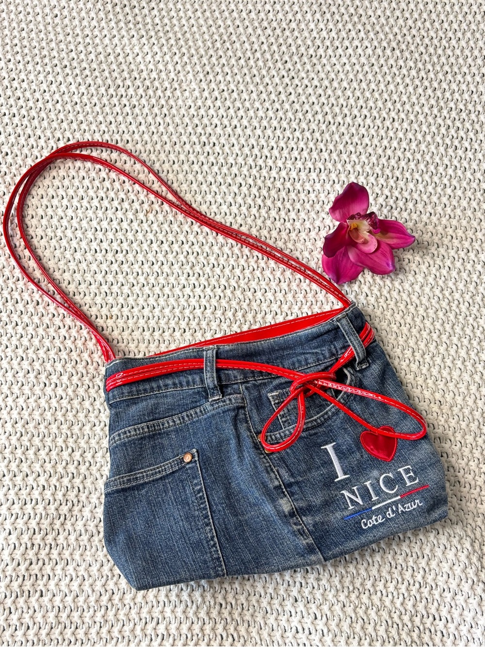 Denim Crossbody Bag with Red Trim - I NICE Cote d'Azur